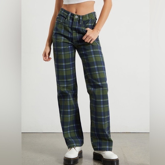 WeWoreWhat Pants - WEWOREWHAT Plaid High Rise Green and Blue Dad Jeans NWT